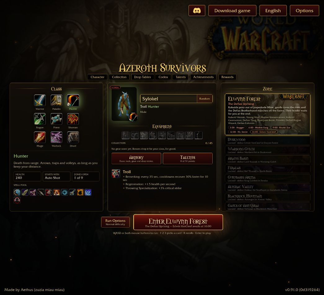 Original Azeroth Survivors character-selection screen, captured in v0.91.0